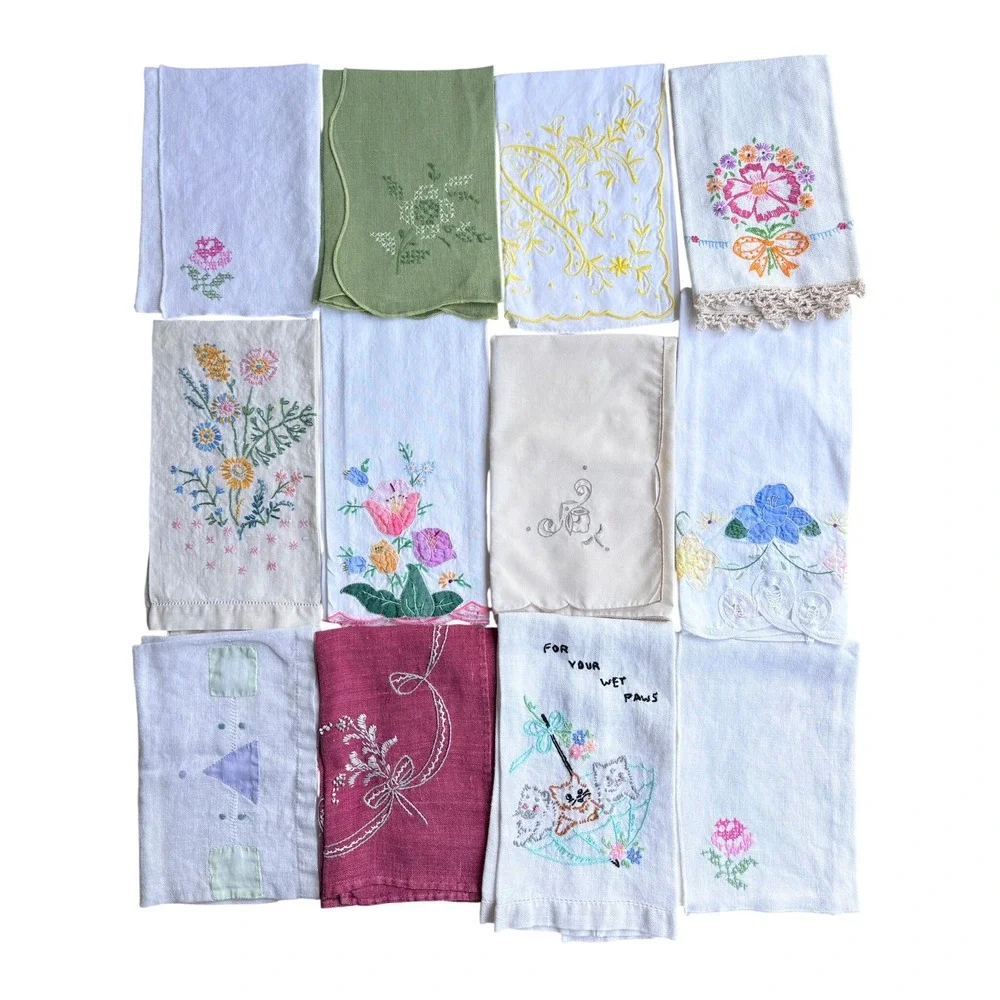 Vintage Hand Embroidered Tea Guest Towel Lot 12pc Floral Cat Scalloped Linen L2